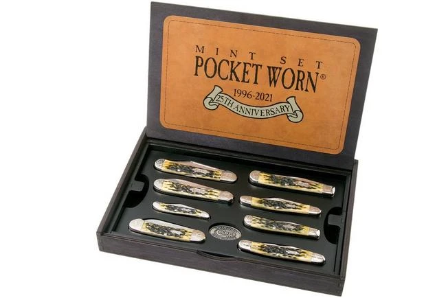 Case 25th Anniversary Mint Set, Pocket Worn Olive Green Bone, Peach Seed Jig, 38190, SS Pocket Knife