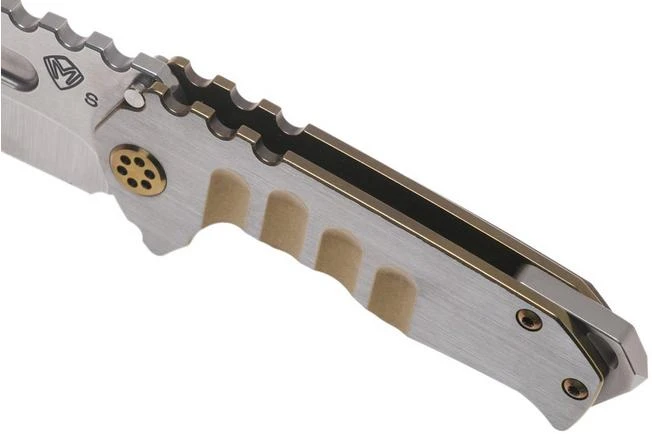 Medford Praetorian Genesis T S35VN, Tumbled Droppoint Blade, Bronze Handle Silver Flats, Bronze Hardware Pocket Knife - Image 7