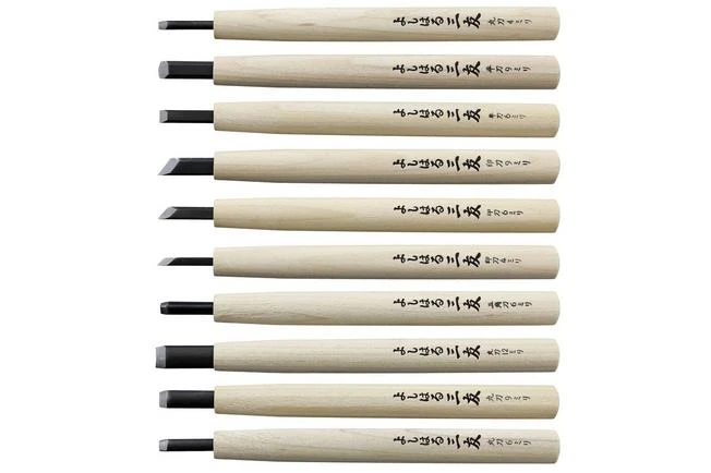 Yoshiharu W-10 Mitomoto Japanese Wood Carving Knives, Set Of 10 In Cloth Pouch